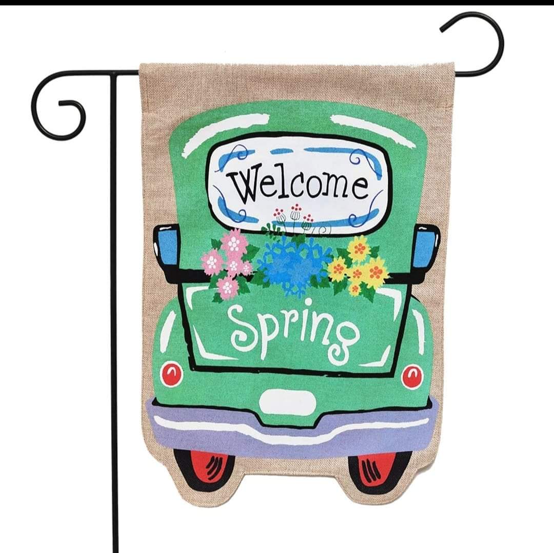 Welcome Spring Truck Burlap Garden Flag