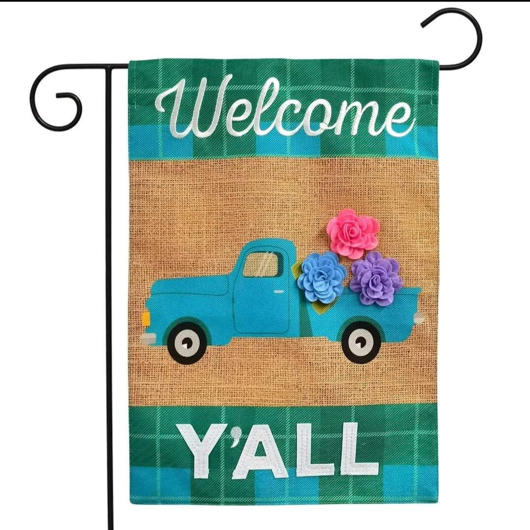 WELCOME Y'ALL BURLAP FLAG Garden Flag