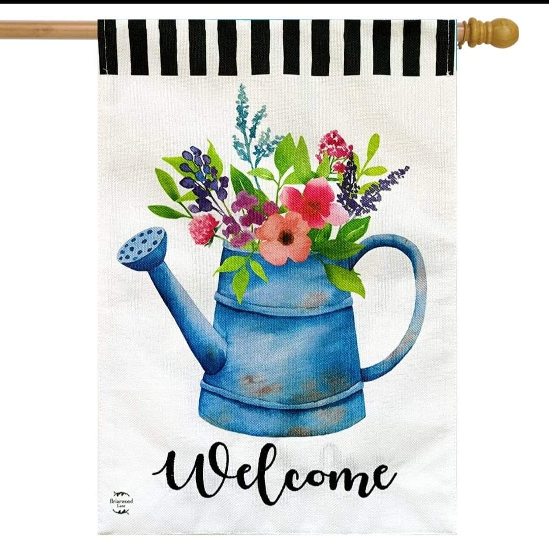 WELCOME WATERING CAN BURLAP House Flag